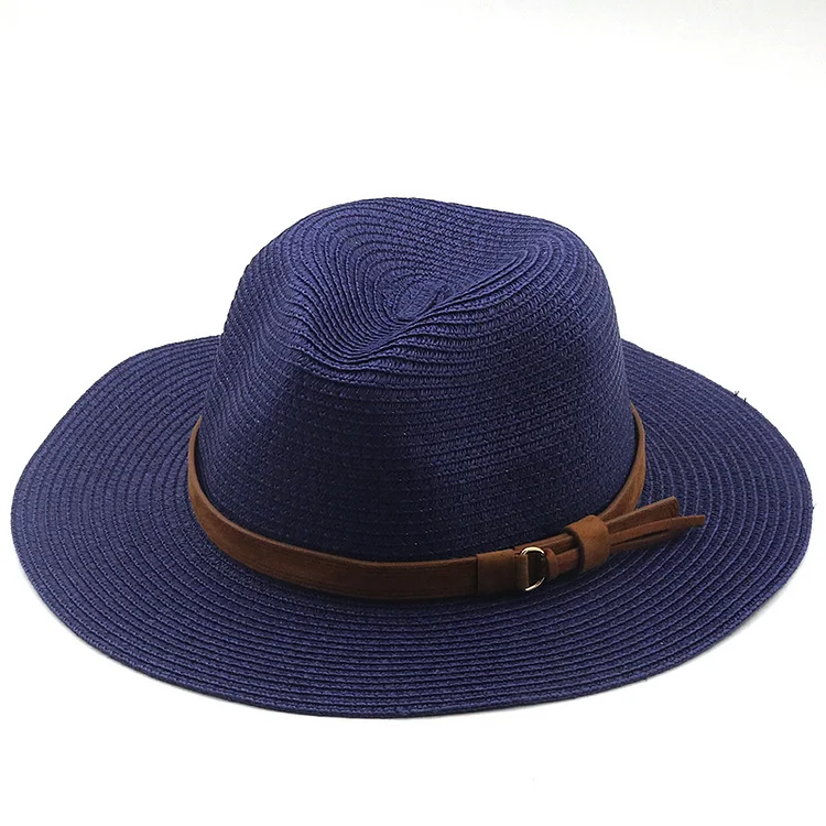 Spring Summer Panama Hat Dark Blue Belt Accessories Straw Top Hat