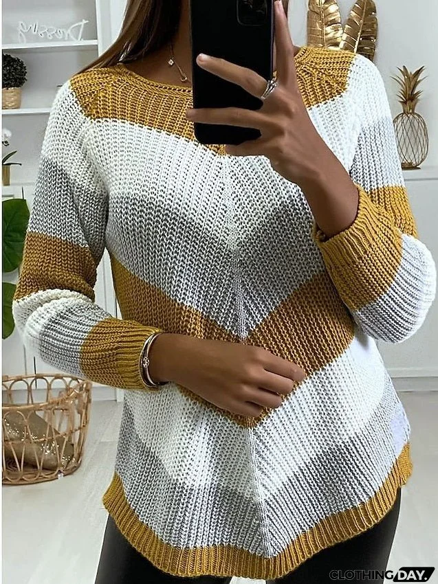 Women's Sweater Pullover Jumper Knitted Striped Color Block Stylish Basic Casual Long Sleeve Loose Sweater Cardigans Crew Neck Fall Winter Spring Wine Red Powder gray Yellow / Holiday / Going out
