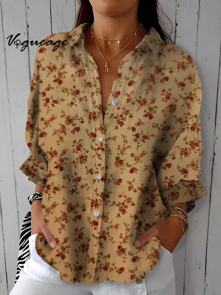 Gentle And Elegant Temperament Small Flower Printed Cotton And Linen Shirt
