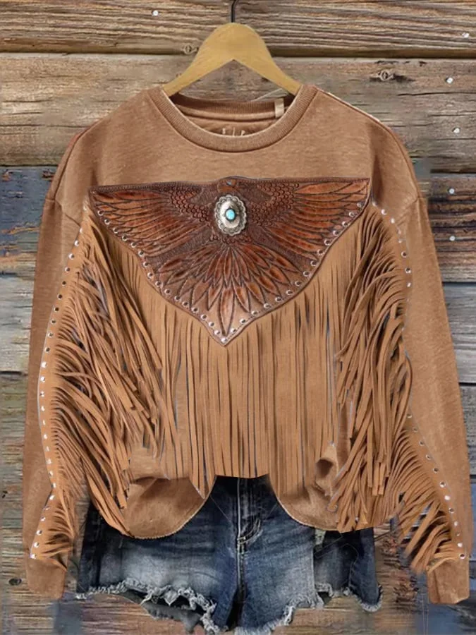 Casual Vintage Western Fringe Print Sweatshirt