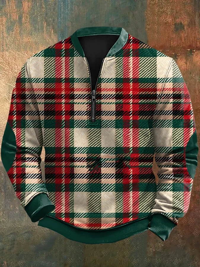 Men's Retro Christmas Check Print Zip-Up Sweatshirt