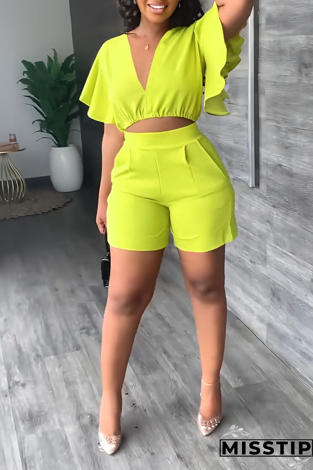 Yellow Casual Solid Patchwork Flounce V Neck Short Sleeve Two Pieces