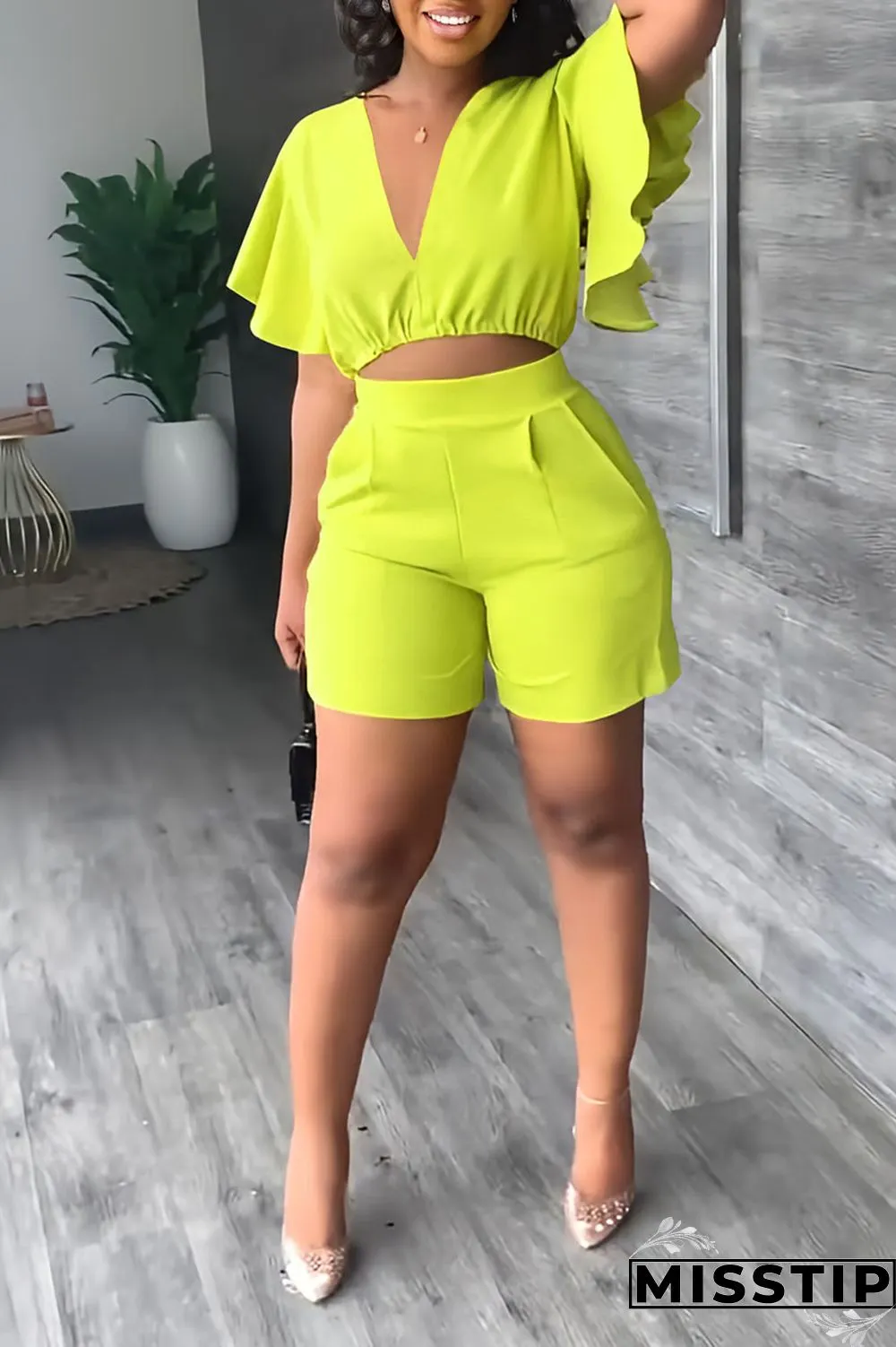 Yellow Casual Solid Patchwork Flounce V Neck Short Sleeve Two Pieces