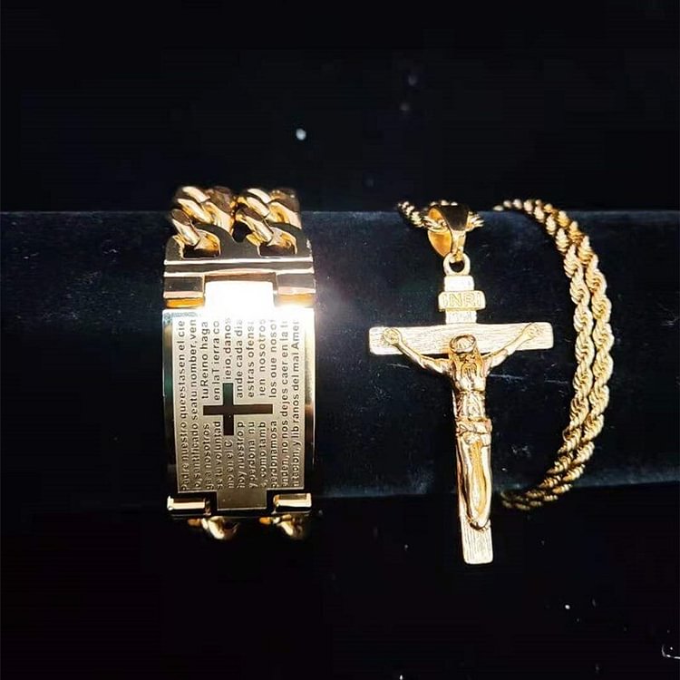 25MM Cross Jesus Pendant Necklace & Bracelet Hiphop Set Jewelry