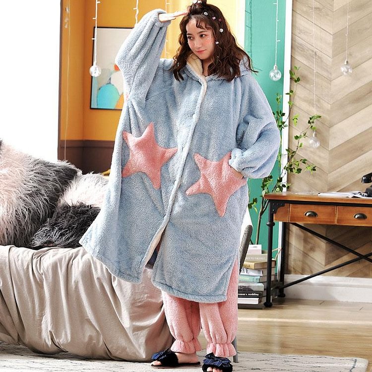 Boyfriend Girlfriend Star Open Front Plush Hooded Pajama Set - Modakawa Modakawa