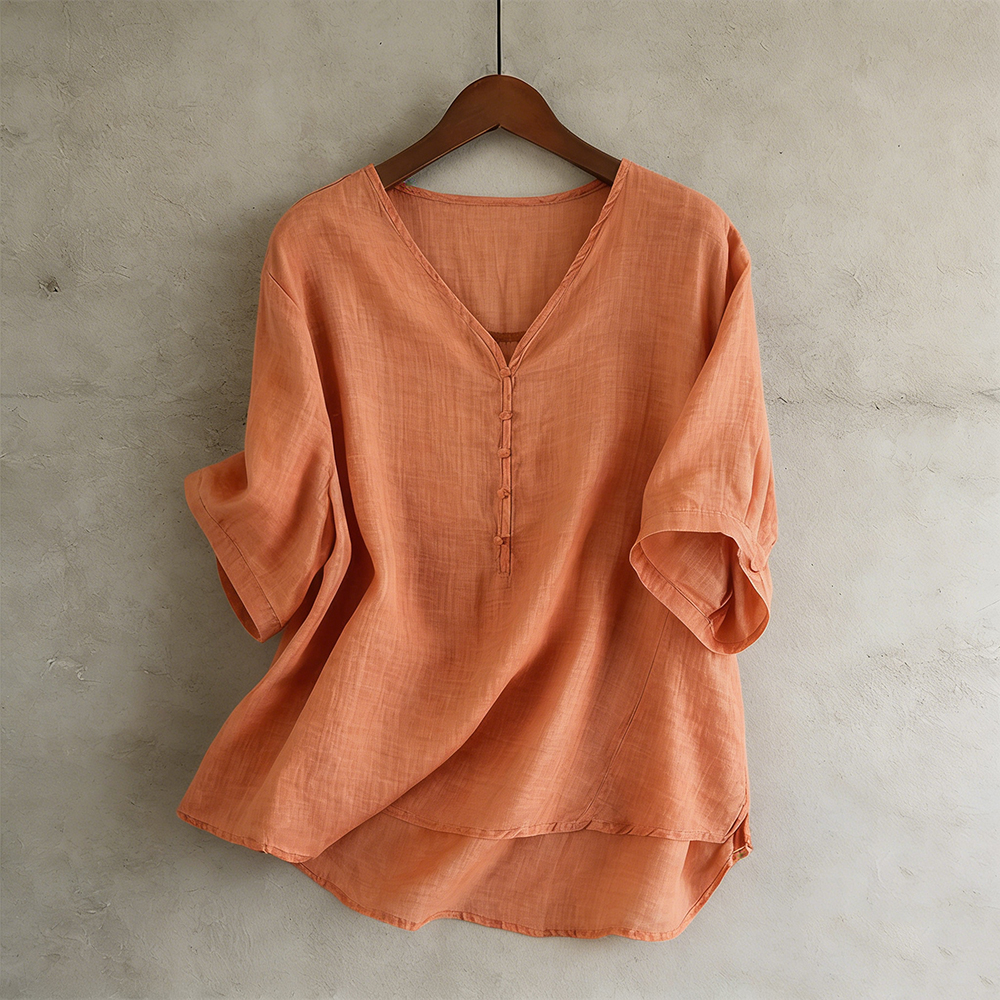 Comstylish Vintage Solid Color V Neck Flowy Linen Tunic