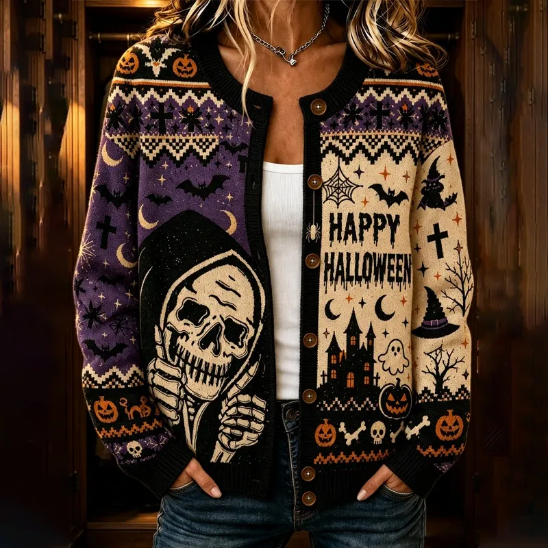 Comstylish Women's Gothic Halloween Skull-print Casual Cardigan