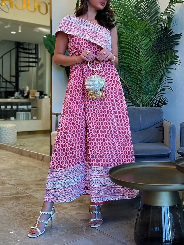 Pink Elegant Ethnic Print One Shoulder Dress