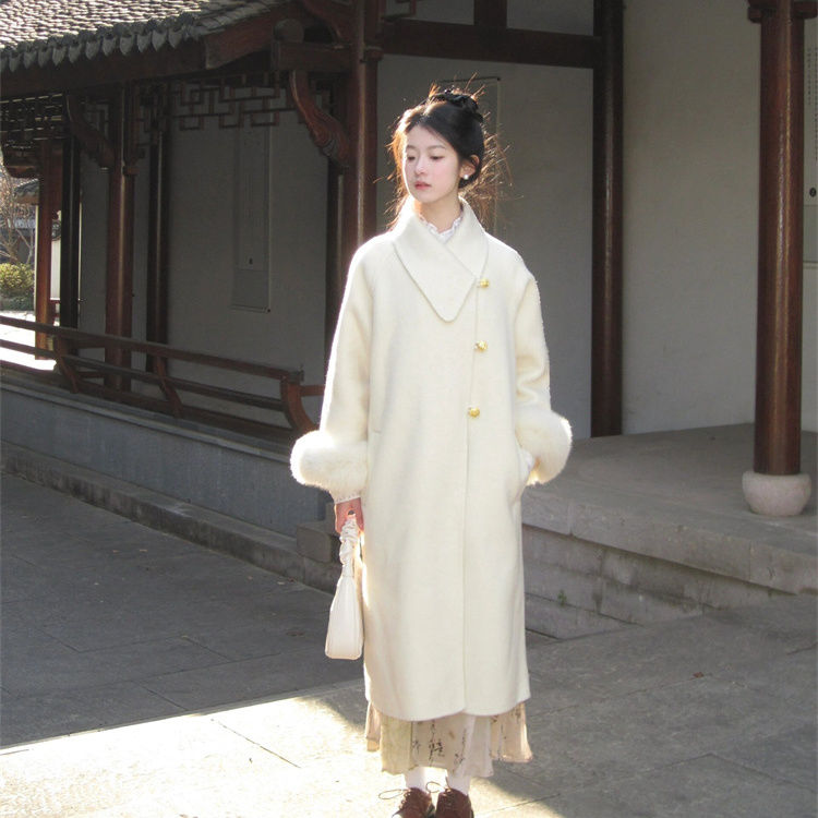 Rialishtic Winter Clothes Retro New Chinese Style High end Woolen Coat for Women Korean Style Loose Thick White Long Coat Women Clothing