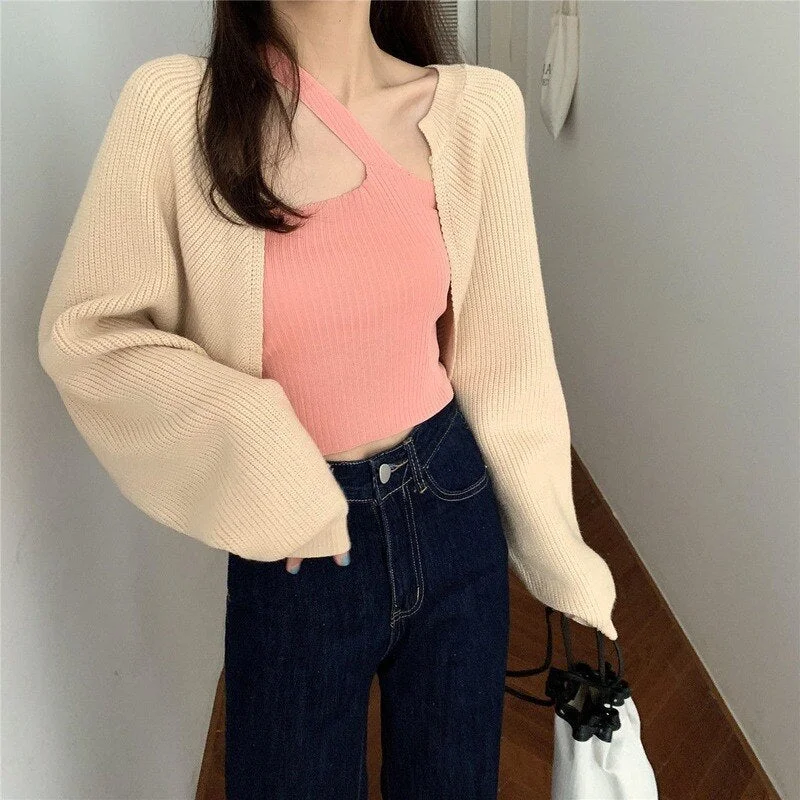 Cardigan Women Open Stitch Short Knitted Solid Lantern Sleeve Vintage Retro Korean Style Chic Streetwear Simple All-match Casual