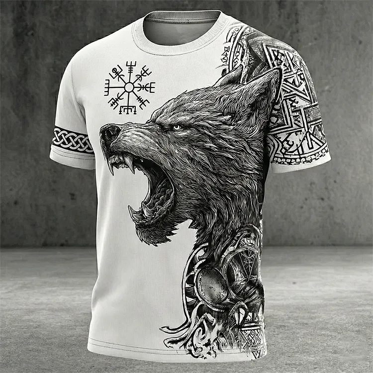 Men's Retro Viking Wolf Rune Print Short-sleeve T-shirt