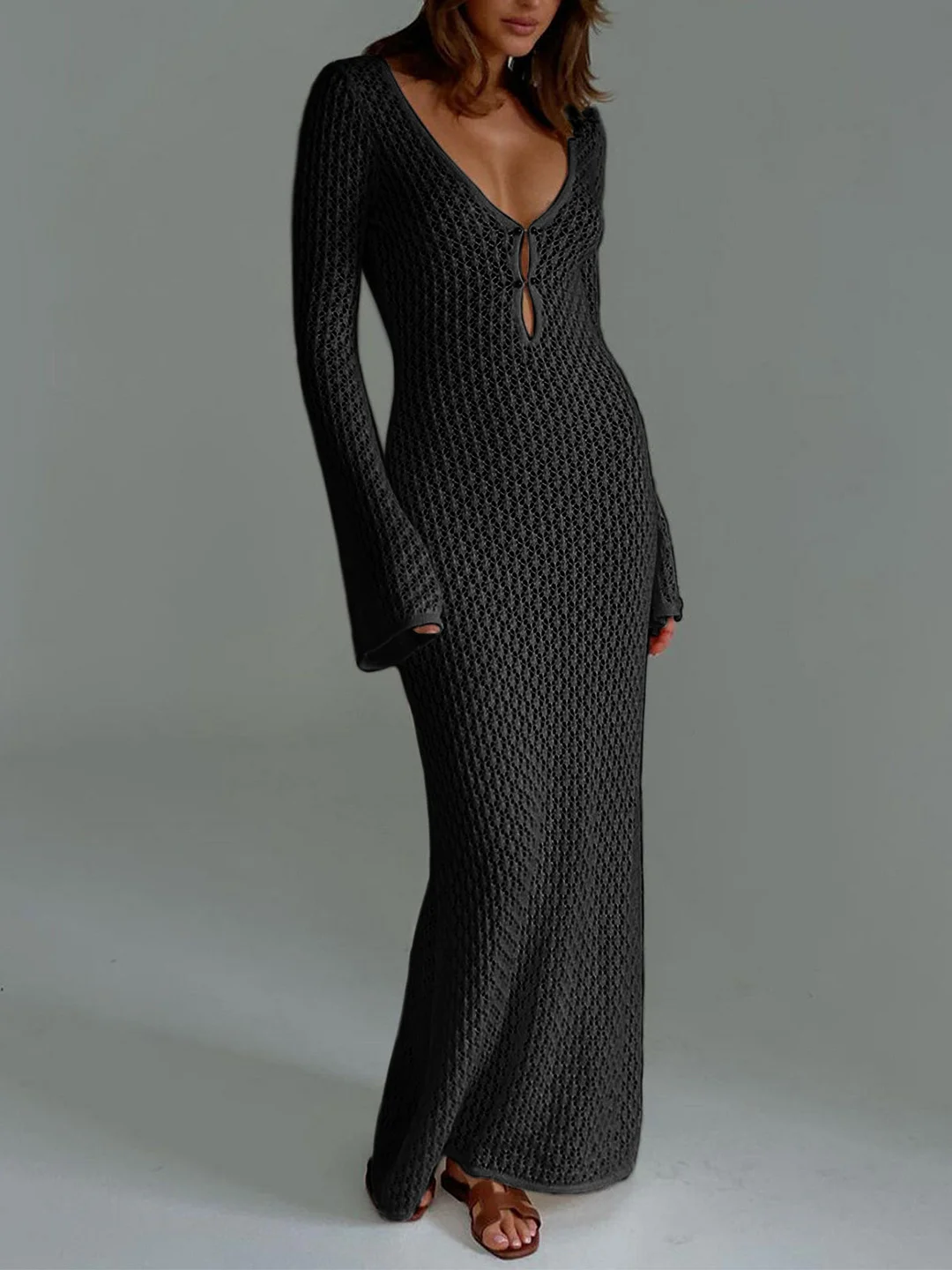 Abebey-Cover Up Long Sleeve Open Back Long Dress