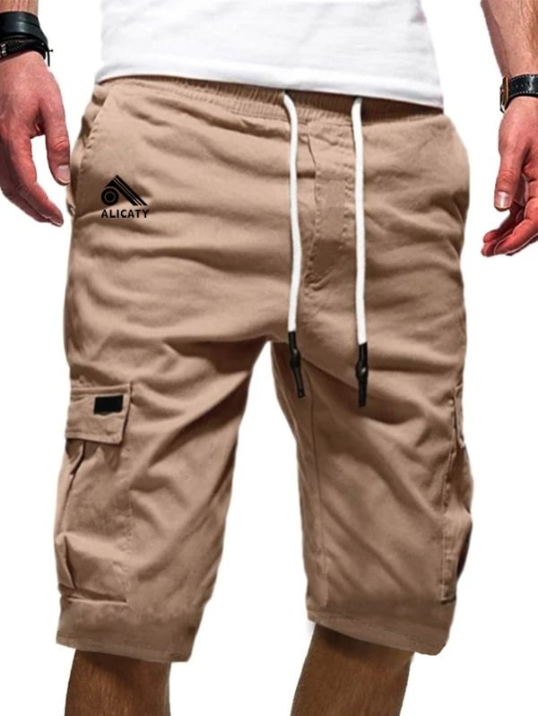 Men's logo embroidered casual elastic elastic waist straight shorts