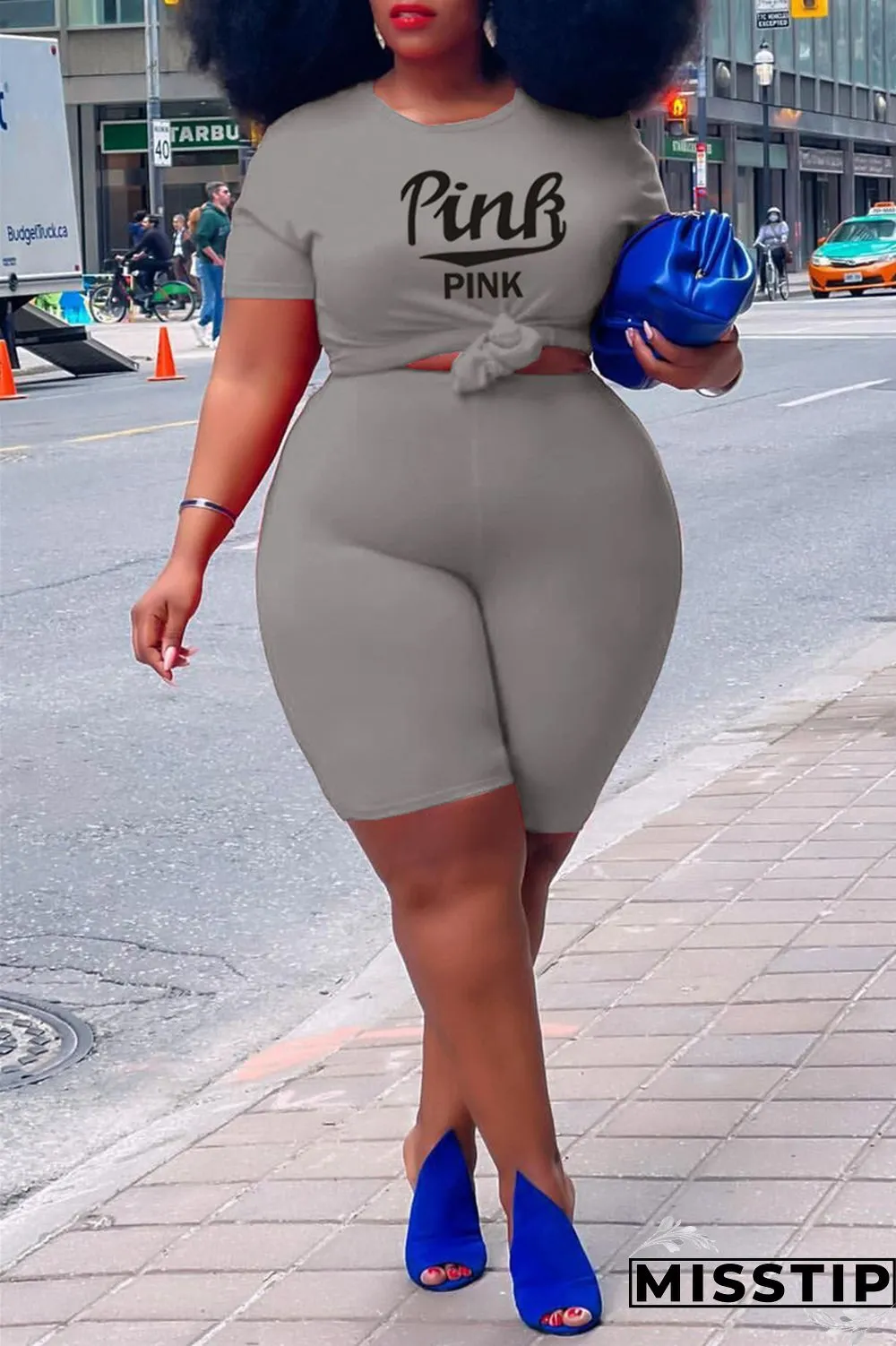 Grey Fashion Casual Letter Print Basic O Neck Plus Size Two Pieces