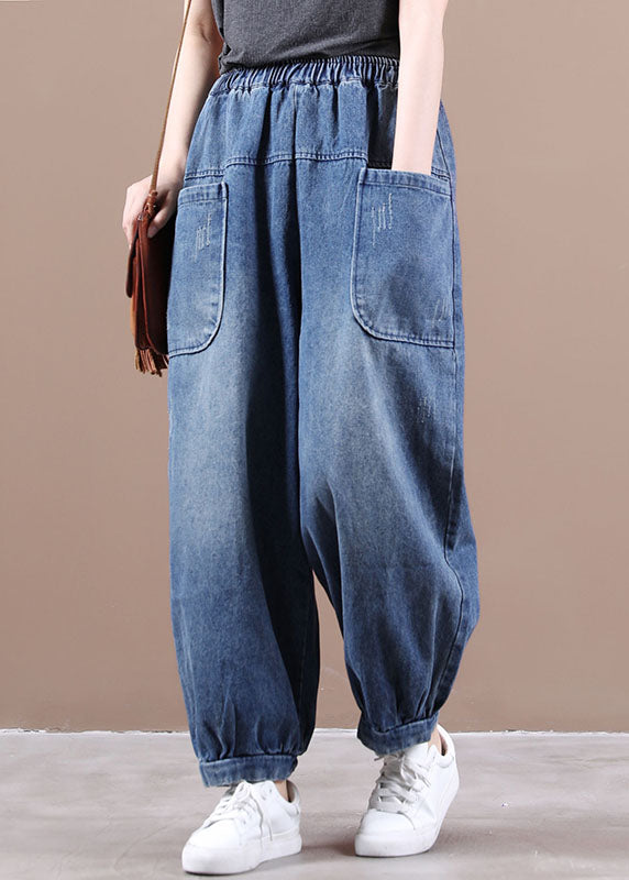 VCSHOES Denim Blue Elastic Waist Pockets Patchwork Cotton Harem Pants Fall