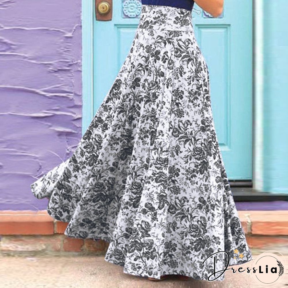 Womens A Line Skirts Summer Floral Printed Casual Loose High Waist Dress