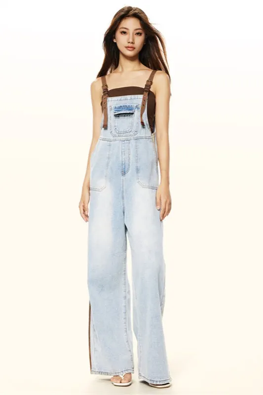 Washed Wide Leg Suspender Jeans