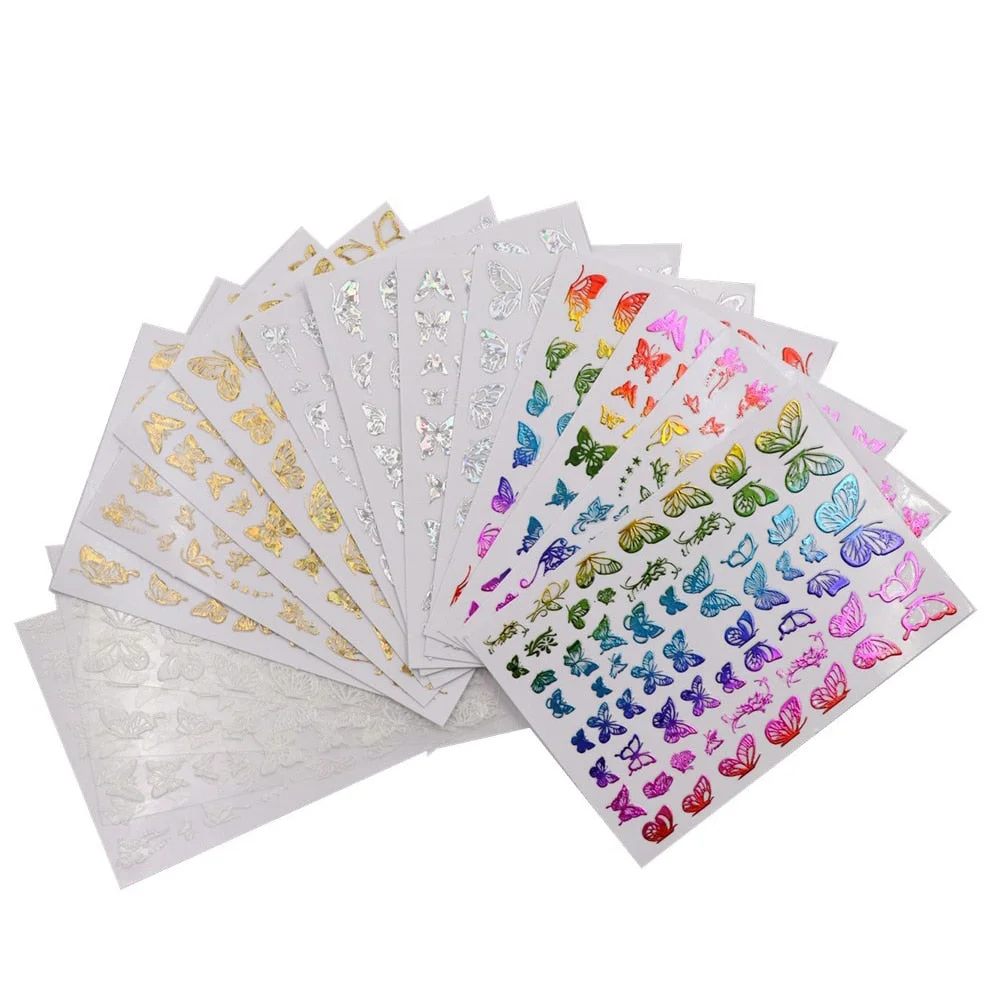 16 Sheets/Pack Mixed Design 3D Butterfly Nail Art Stickers Laser Holographic DIY Nail Decoration Self Adhesive Manicure Decals