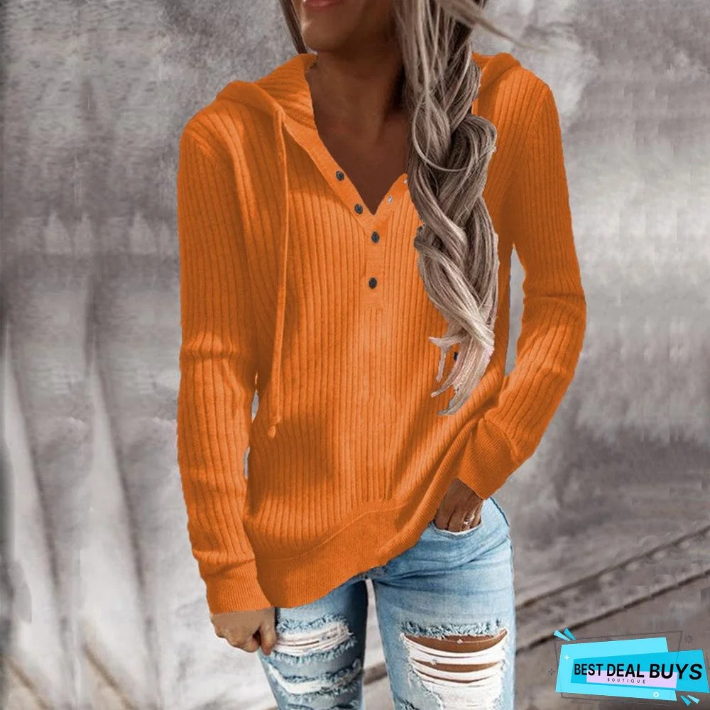 Striped Casual Hoodie Loose Open Neck Long Sleeve Sweater