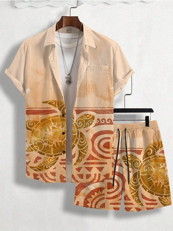 Men's Turtle Pattern Print Short Sleeve Shirt Set