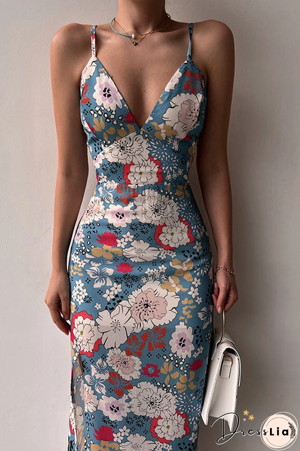 Floral Lace Back Slip Slit Slim Dress