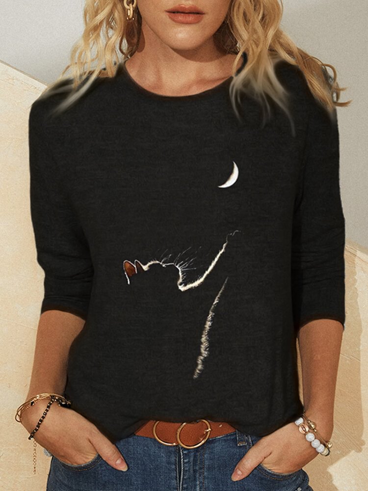 Cat Print Long Sleeves O neck Casual T shirt For Women P1709737