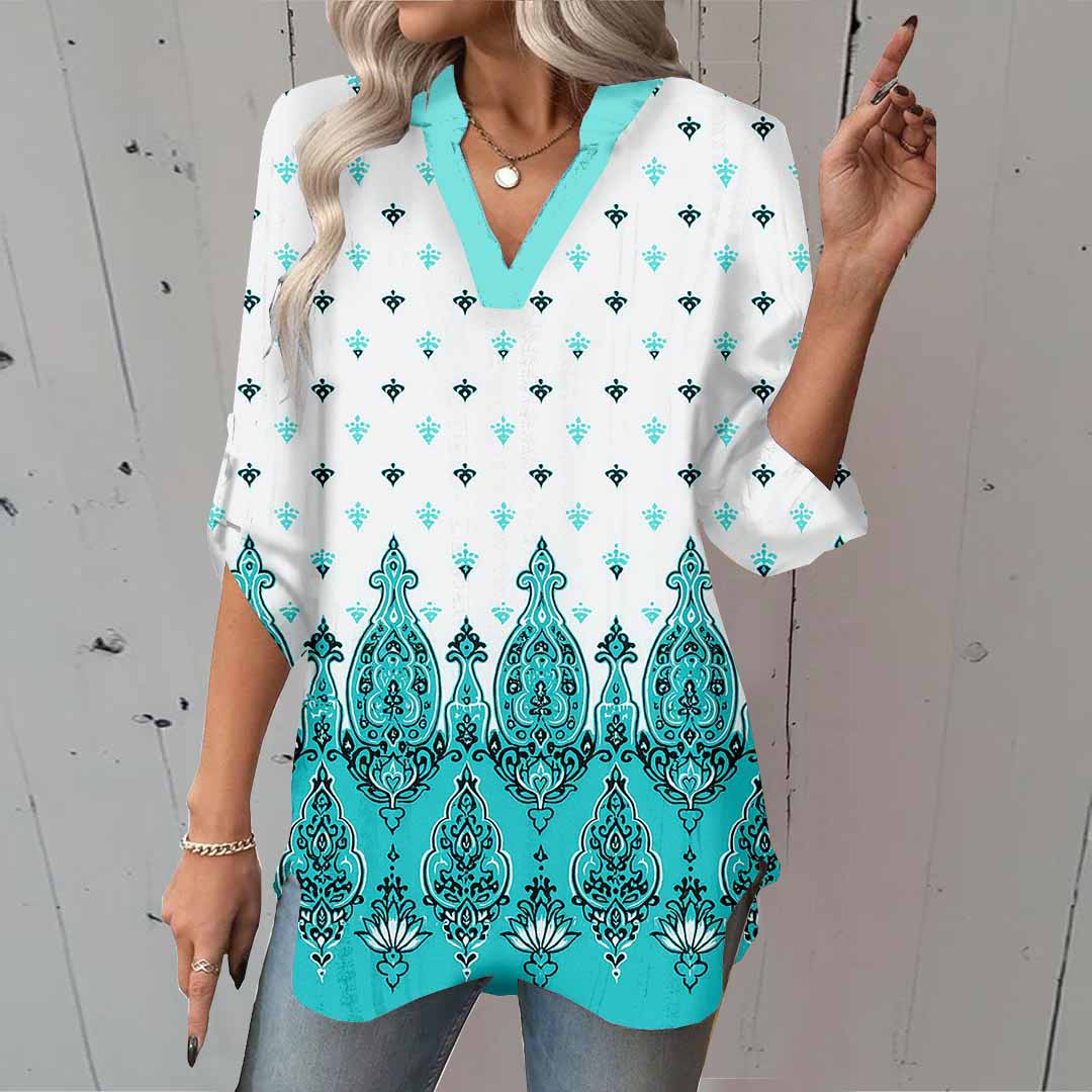 Women Paisley,Blue DZGA0009 3/4 Sleeve V-neck Printed Graphic Button Tops