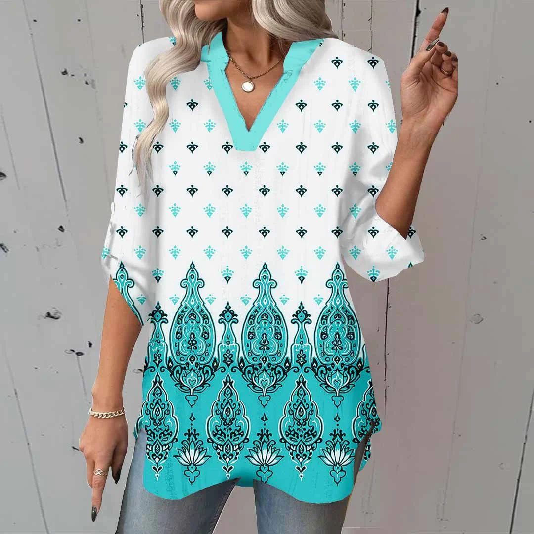 Women Paisley,Blue DZGA0009 3/4 Sleeve V-neck Printed Graphic Button Tops
