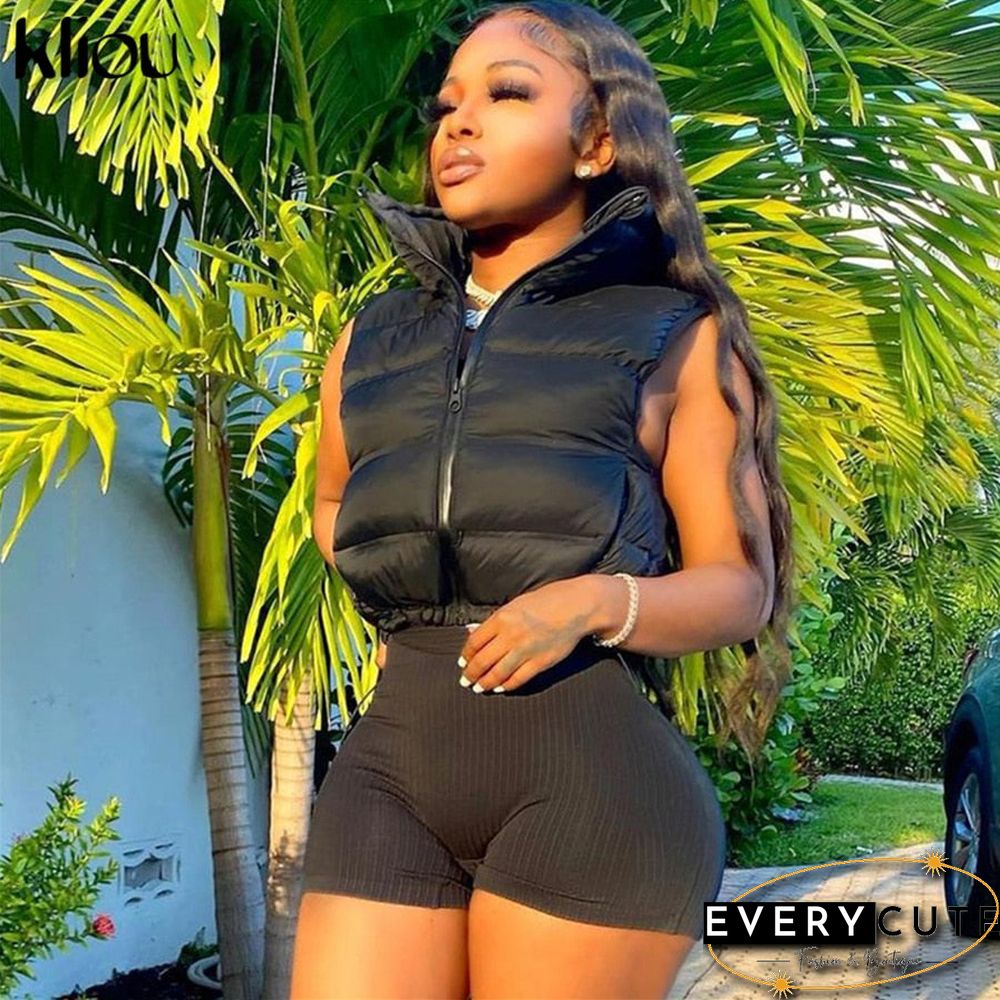 Kliou Solid Mercerized Cotton Tank Tops For Women Hipster Zipper Drawstring Sleeveless Vest Casual Streetwear Female Clothing