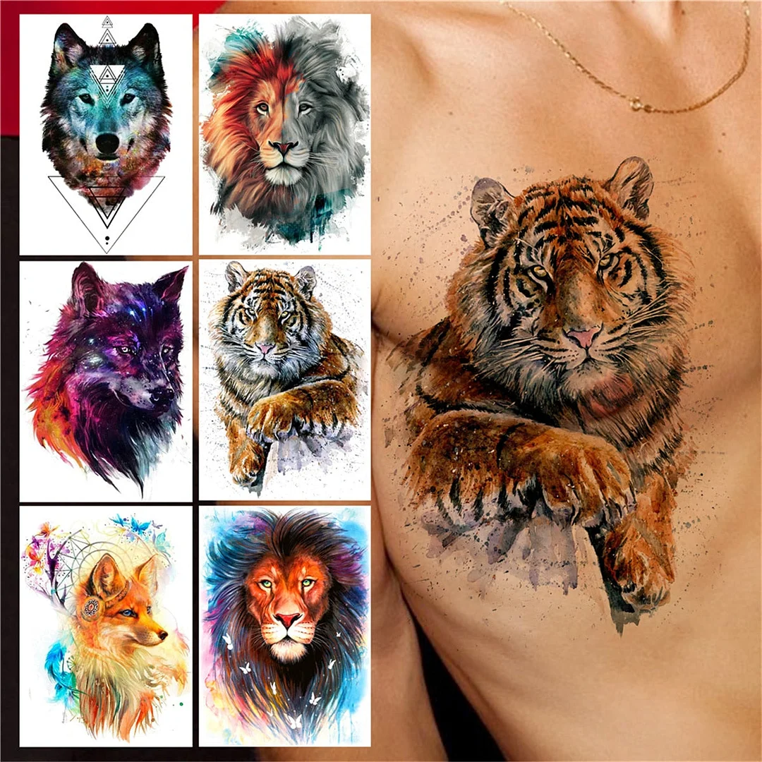 Watercolour Tiger Temporary Tattoos For Men Women Kids Boys Wolf Lion Tattoo Sticker Animal Realistic Fake Body Tatoos Supplies