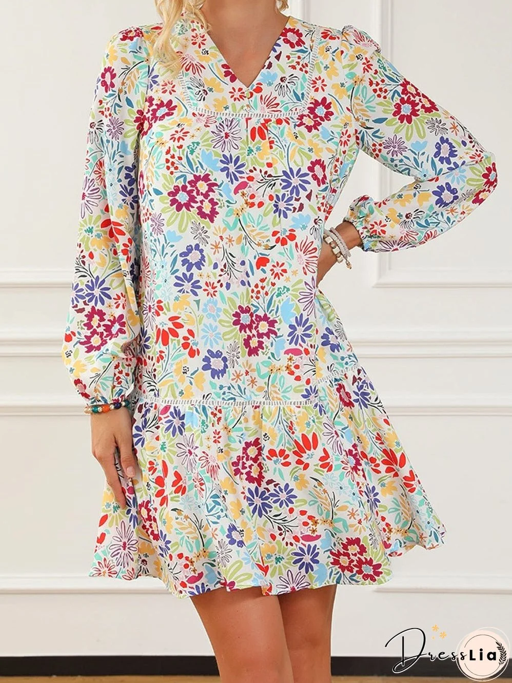 Floral Lace Eyelet V Neck Flared Mini Dress with Multicolor Print