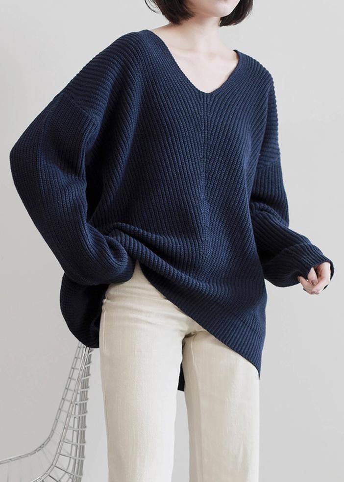 Aesthetic dark blue sweater tops v neck Batwing Sleeve casual knit tops