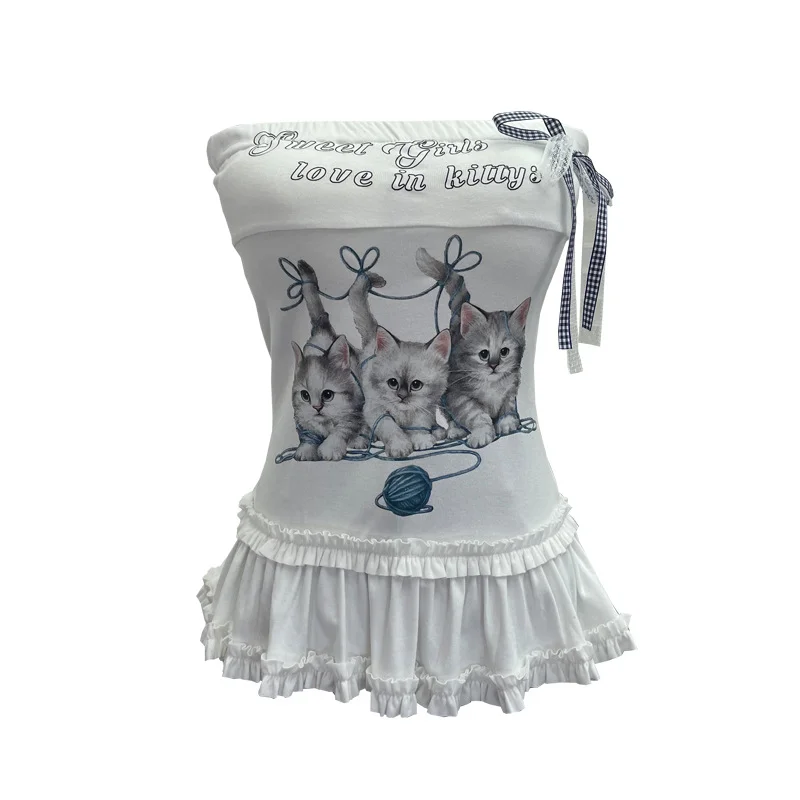 Nigikala Nigikala Kitten Print Bow Sweetheart Hottie With Chest Pads With Chest Bra Vest Wooden Ear Top 1270