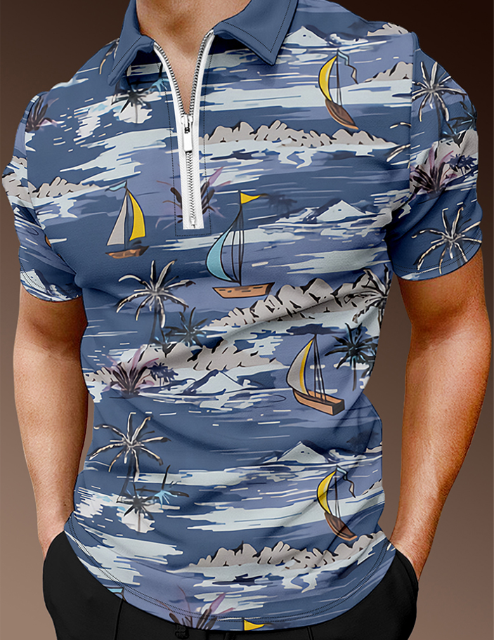 Sea Boat Holiday Print Short-sleeved Polo Shirt