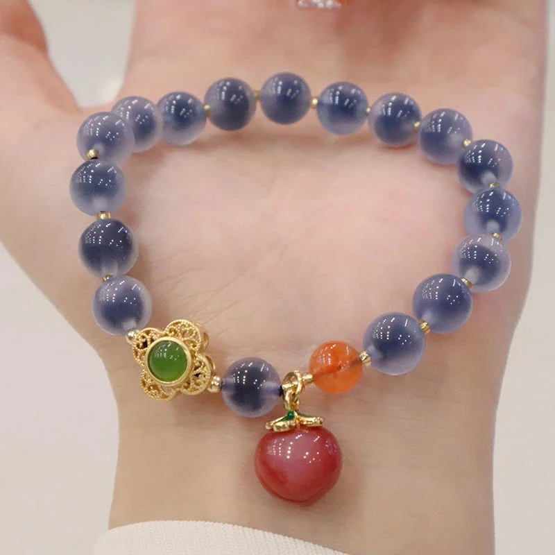 Peach Blue Agate Beaded Charm Bracelet