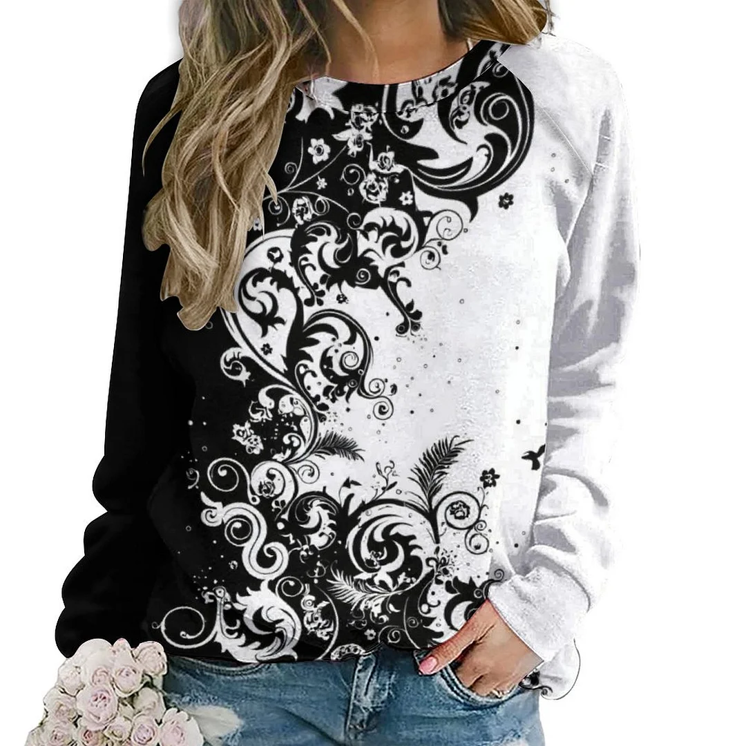 Printed Long Sleeve Casual Sweatshirt for  Women and Men Unisex Pattern Black, Floral, White