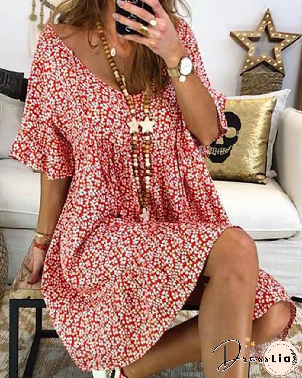 Casual Floral Printed Crew Neck Short Sleeve Plus Size Dress