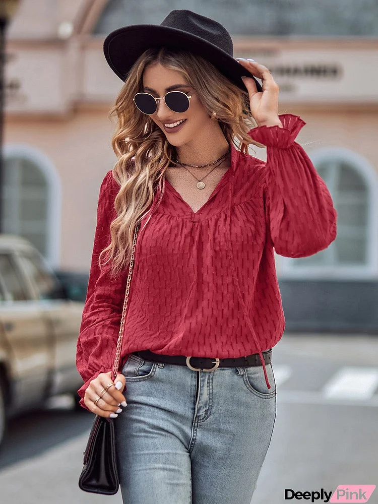 Tie Neck Flounce Sleeve Blouse