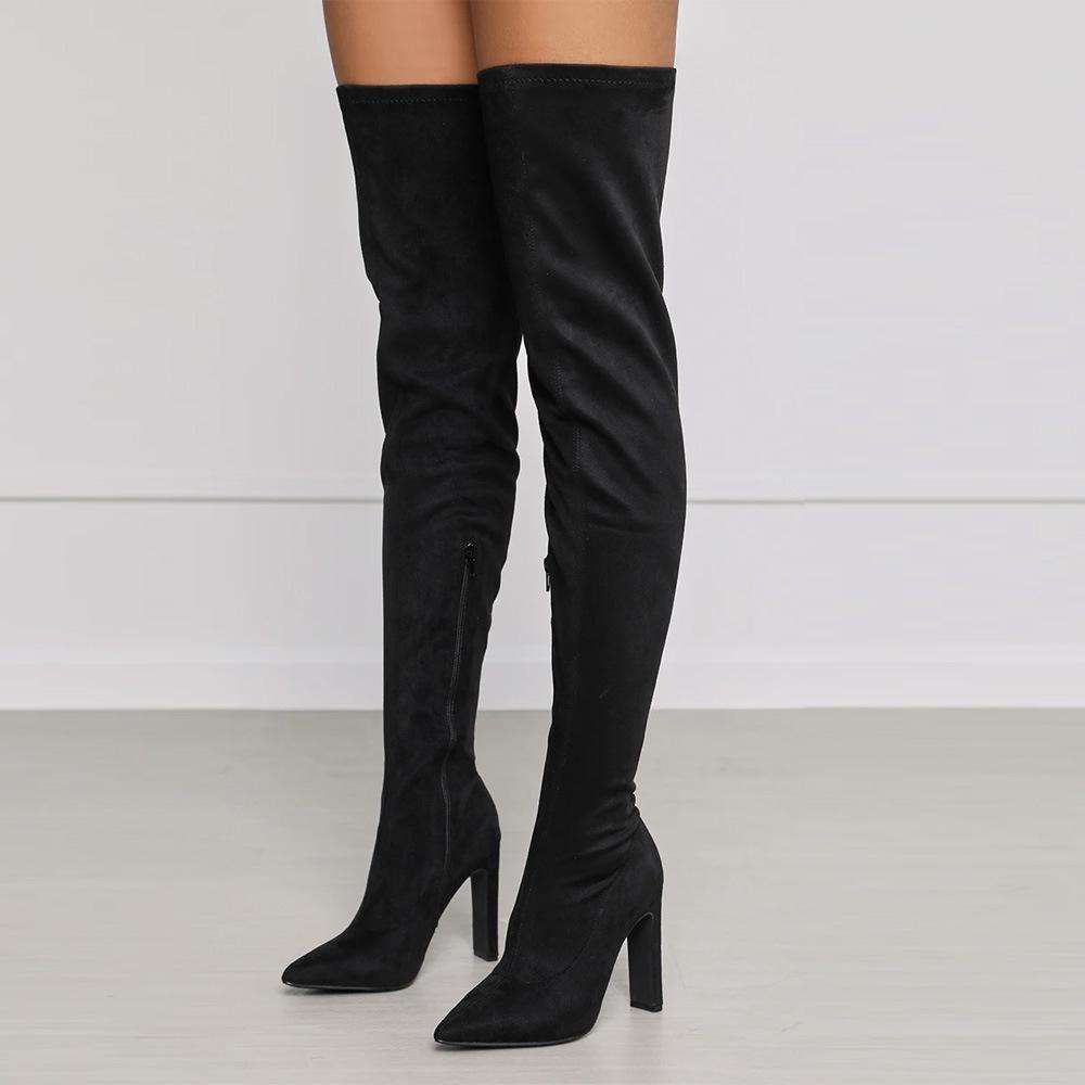 VCSHOES Side Zipper Pointed High Thick Heel Knee Elastic Boots