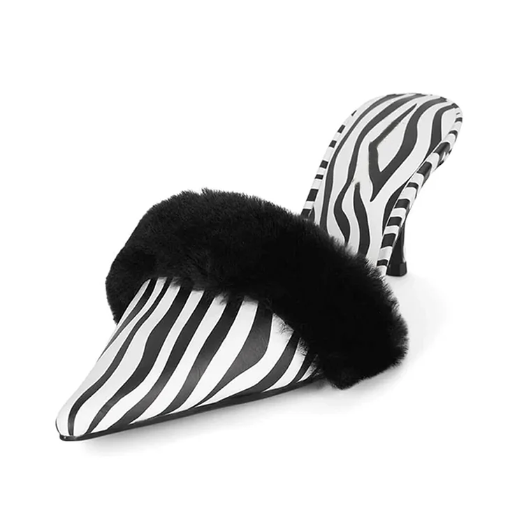 Black & White Zebra Print Kitten Heel Faux Fur Trim Mules for Women |FSJ Shoes
