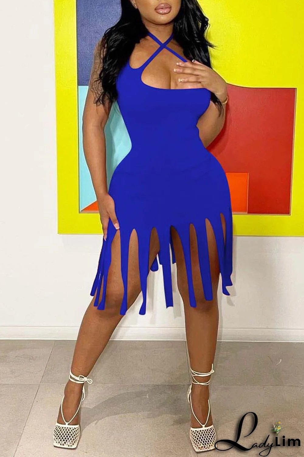 Black Sexy Solid Tassel Split Joint Pencil Skirt Dresses