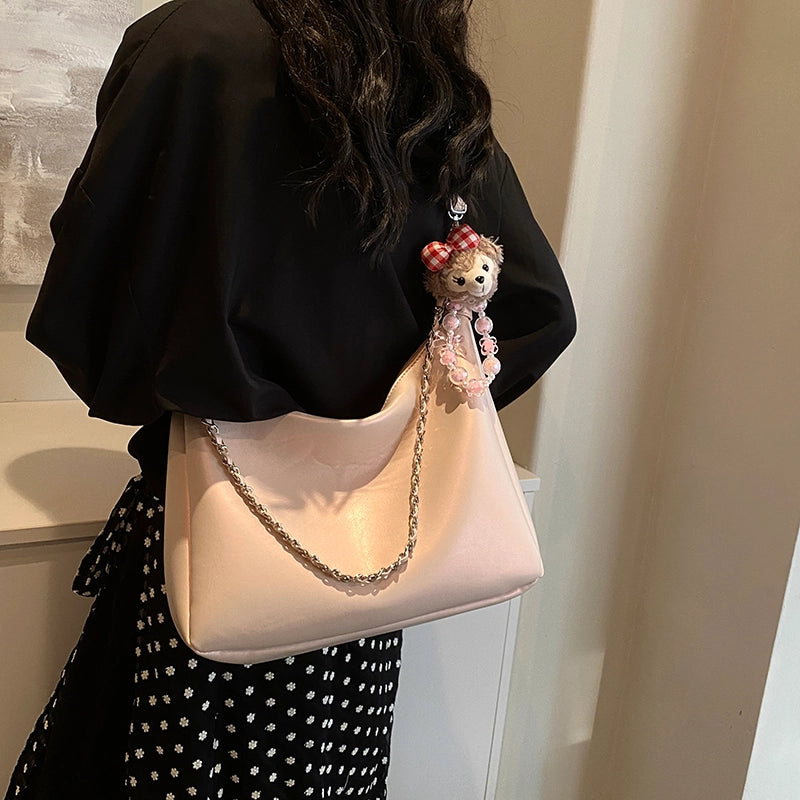 Women’s Medium Pu Leather Solid Color Basic Classic Style Sewing Thread Pillow Shape Zipper Tote Bag