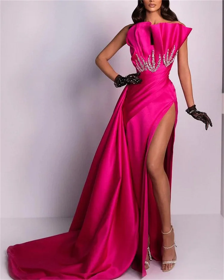 Women's Rose Red Tube Top Slit Dress