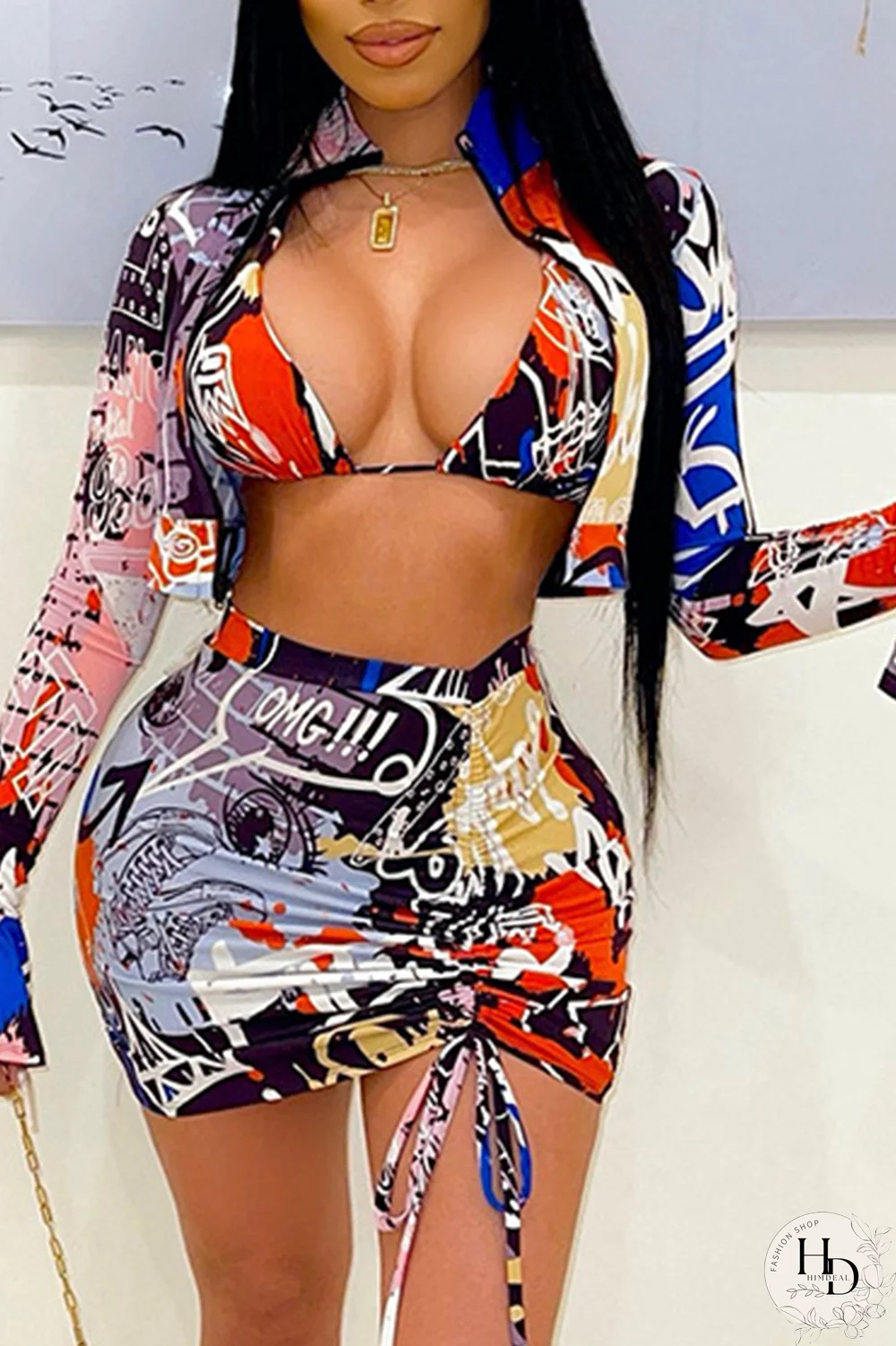 Pink Sexy Print Split Joint Halter Long Sleeve Two Pieces