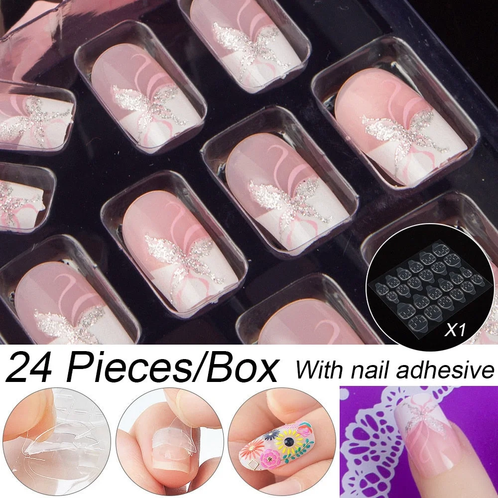 Fashion 24pc/set 10 Sizes Fake Nails Full Cover French False Nail Tips With Double-Sided Nail Adhesive Tab Press On Nails Art-Nail Inspo