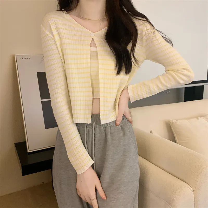Uveng Uveng Summer New Fashion Temperament Sexy Knitted Striped High-Waisted Sling + Long-Sleeved Open-Shirt Two Sets