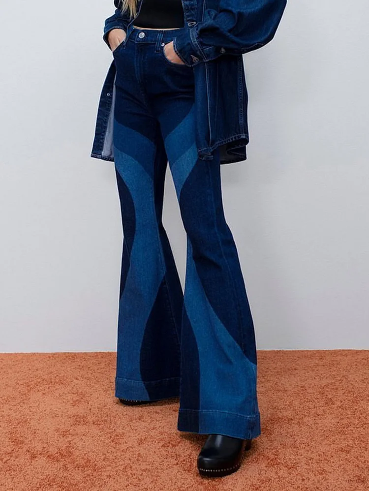 Casual Denim Colorblock Raw Trim Skinny Flare Leg Jeans