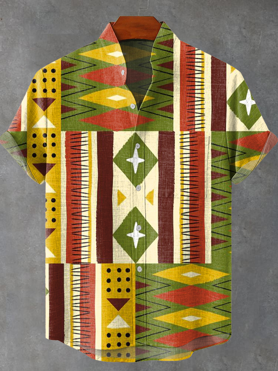 Vintage Abstract Colorful African Geometric Plaid Art Print Casual 100% Cotton Shirt