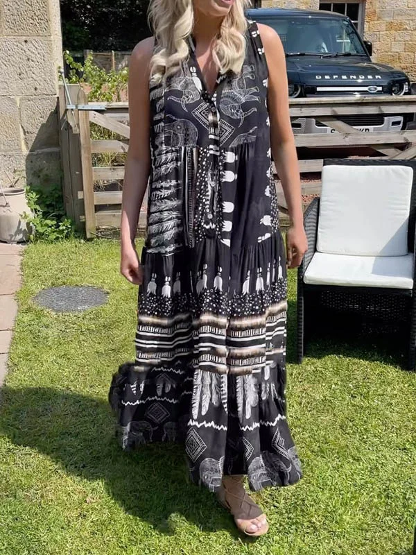 Floral Printed Split-Joint Loose Sleeveless V-Neck Maxi Dresses