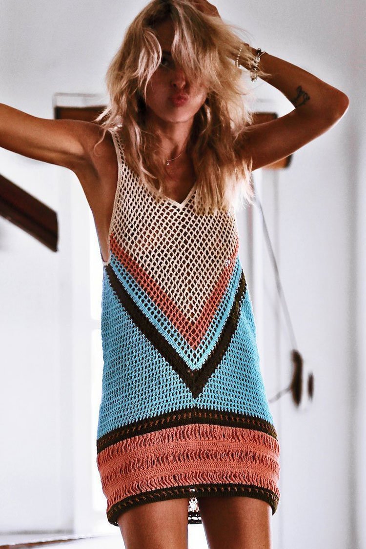 Color Block Fishnet Low Back Crochet Tunic Cover Up-elleschic